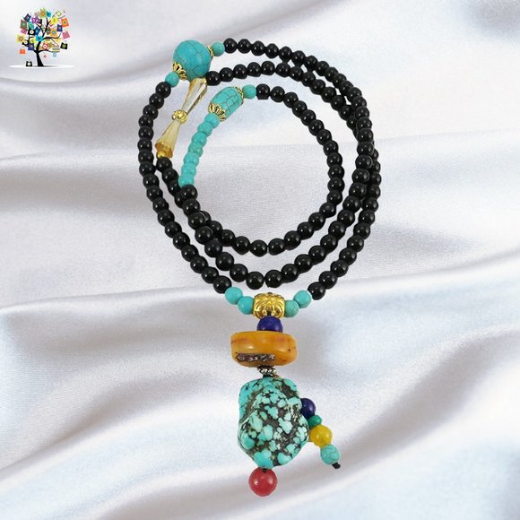 Dragonfly Spirit Designs Jewelry - Handmade Tibetan Beads Wrap Bracelet Necklace Black and Turquoise